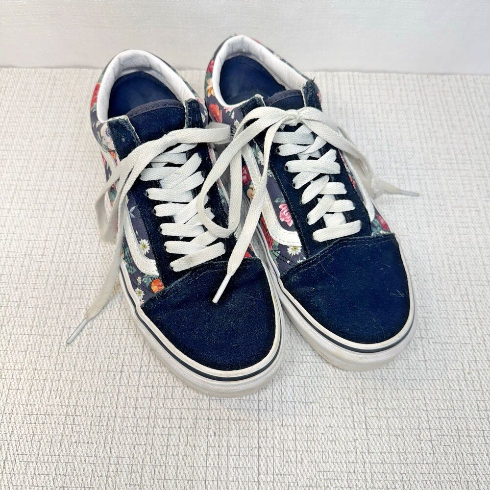 Vans Old Skool Sneakers Womens 8 Black Floral Print Suede Low Top Skater Retro